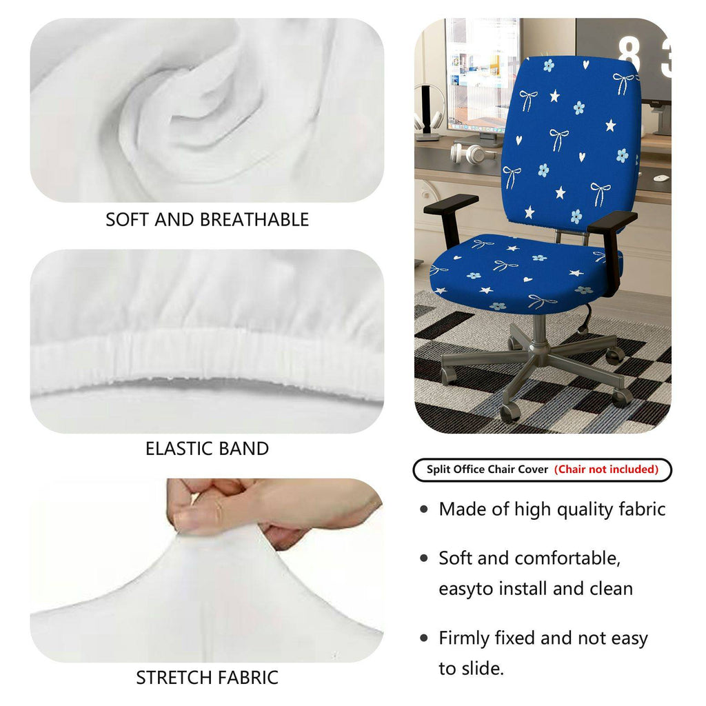 2-Piece Blue Star Heart Bow Flower  Computer Chair Cover Set, Seat and Backrest
