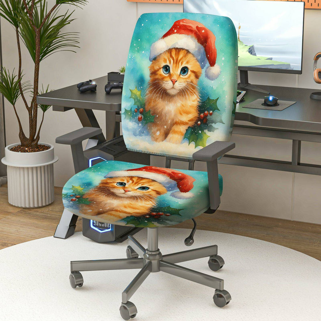 2-Piece Christmas Santa Cat Holly Snow Winter  Computer Chair Cover Set, Seat and Backrest