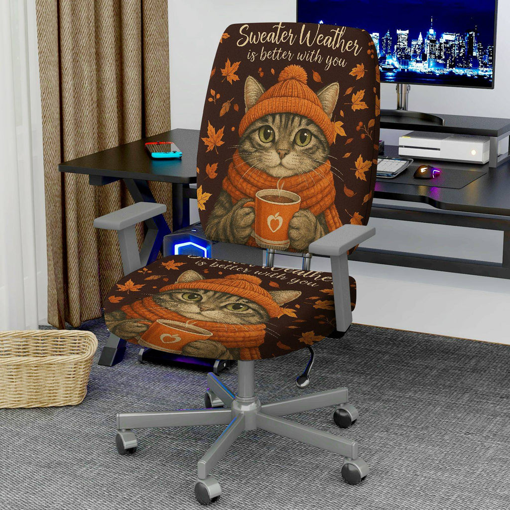 2-Piece Autumn Cat Sweater Leaves Print Home  Computer Chair Cover Set, Seat and Backrest