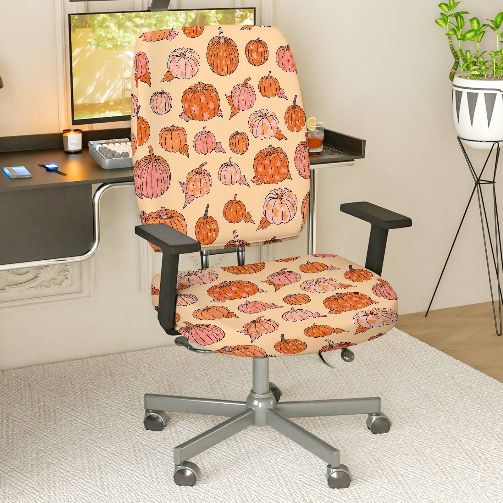 2-Piece Autumn Pumpkin Halloween Festival Thanksgiving Decorative  Computer Chair Cover Set, Seat and Backrest