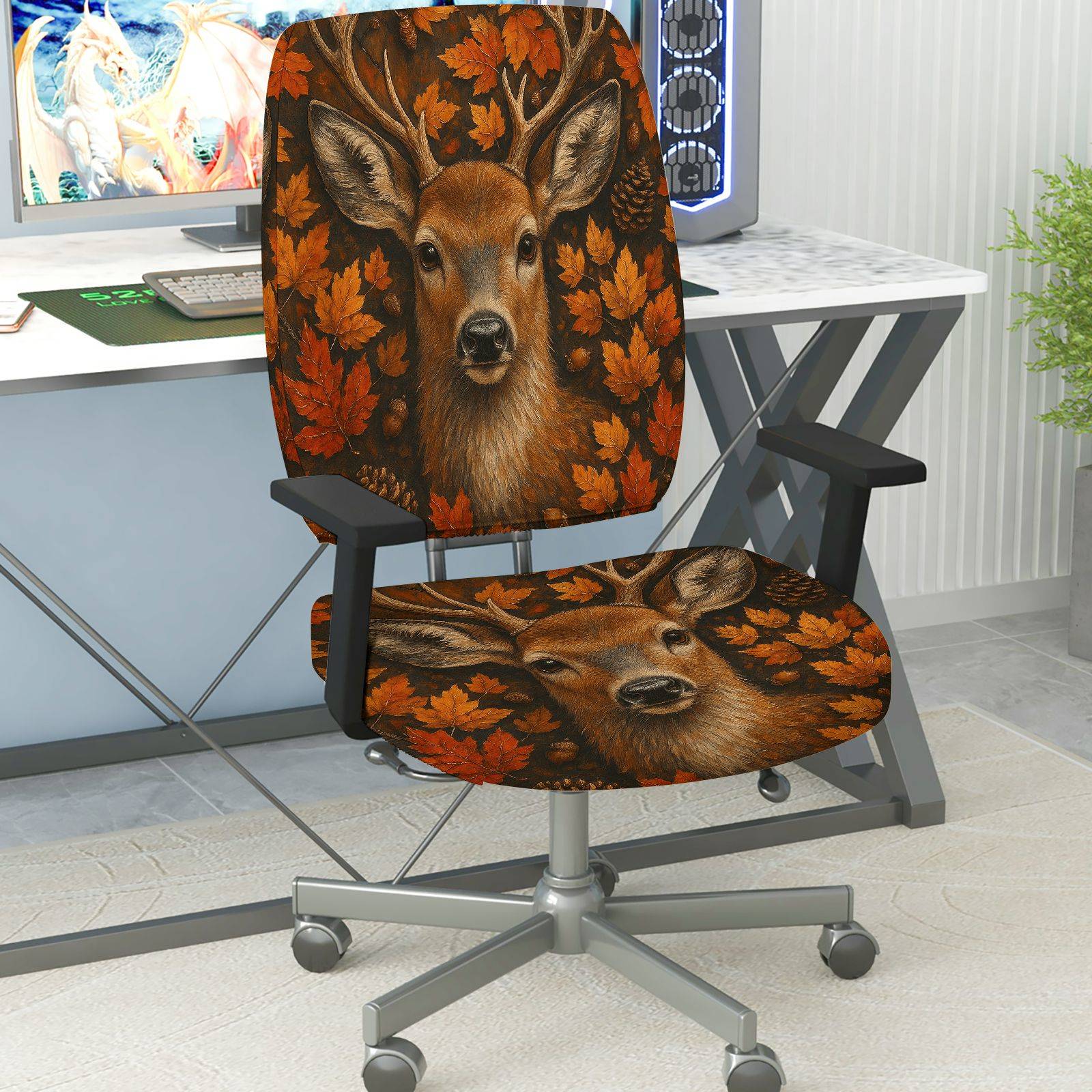 2-Piece Autumn Deer Maple Leaves Nature Wildlife  Computer Chair Cover Set, Seat and Backrest
