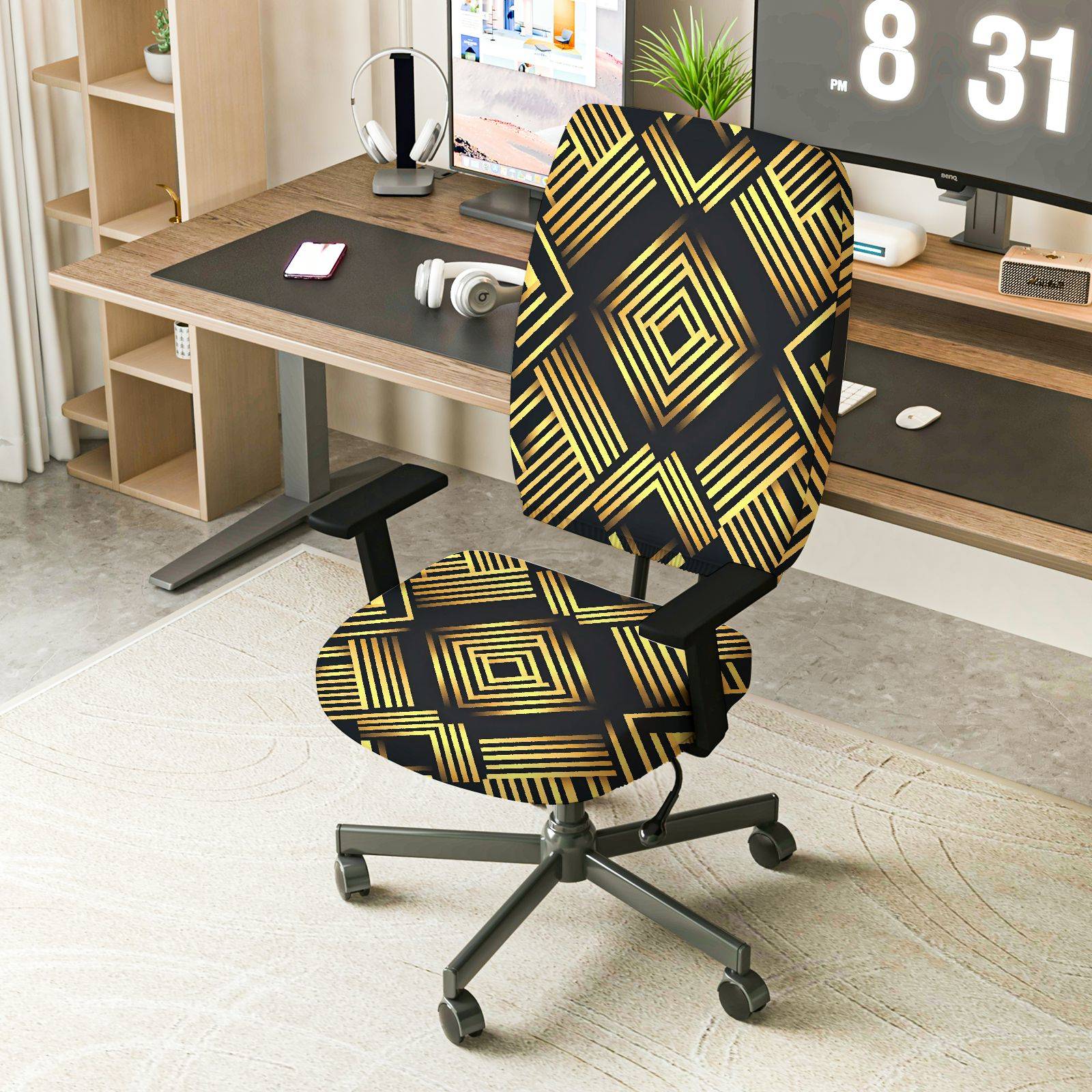 2-Piece Geometric Modern Stylish Black Gold Elegant  Computer Chair Cover Set, Seat and Backrest