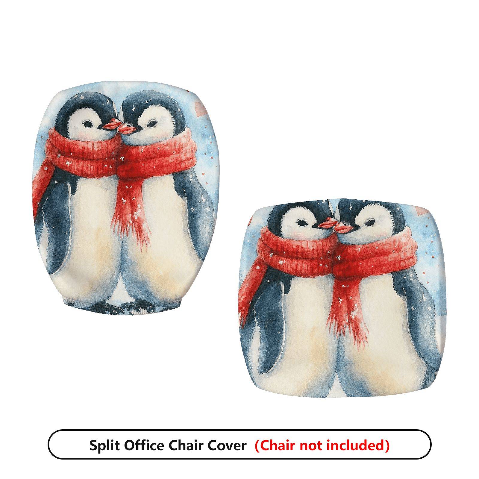 2-Piece Animal Winter Love Penguin Snow  Computer Chair Cover Set, Seat and Backrest