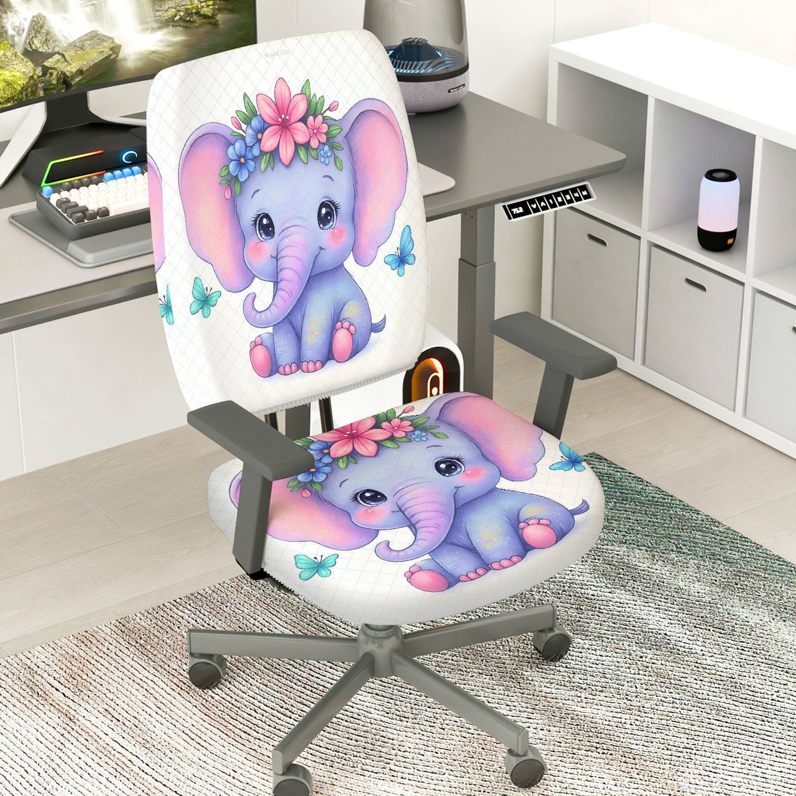 2-Piece Cute Elephant Flower Butterfly  Computer Chair Cover Set, Seat and Backrest