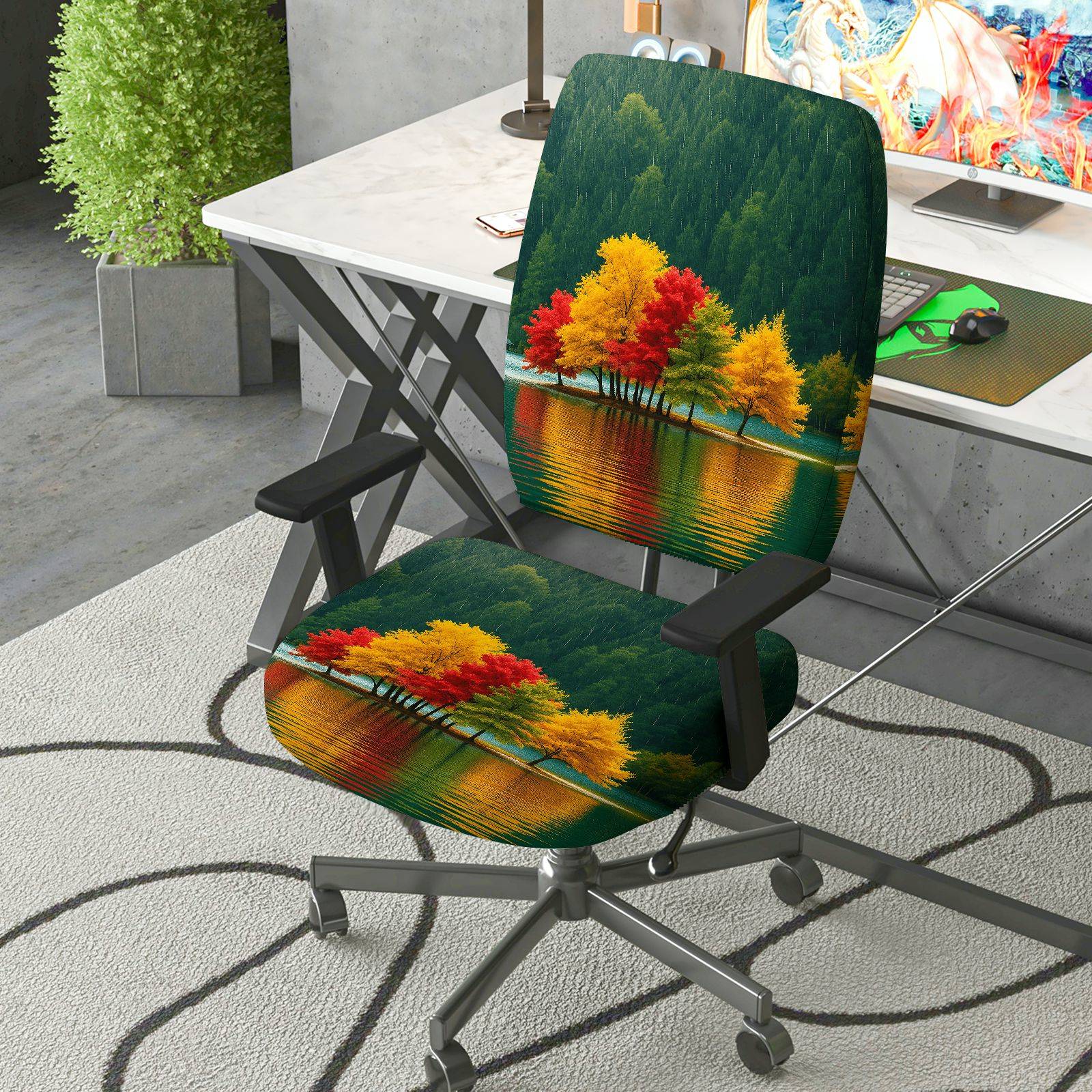2-Piece Autumn Nature Landscape Forest Lake Home  Computer Chair Cover Set, Seat and Backrest