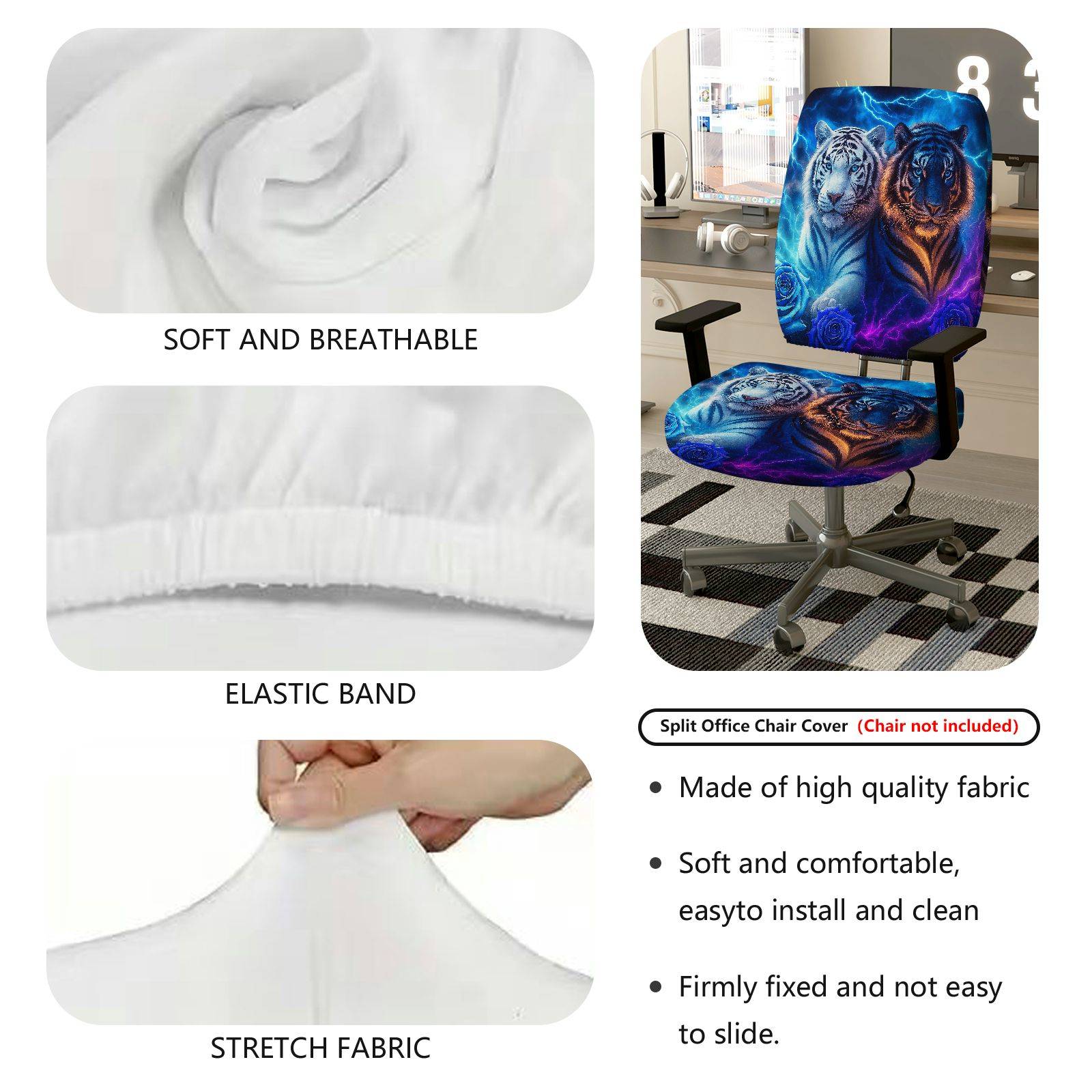 2-Piece Animal Print Tiger Modern Art Lightning Blue Glow  Computer Chair Cover Set, Seat and Backrest