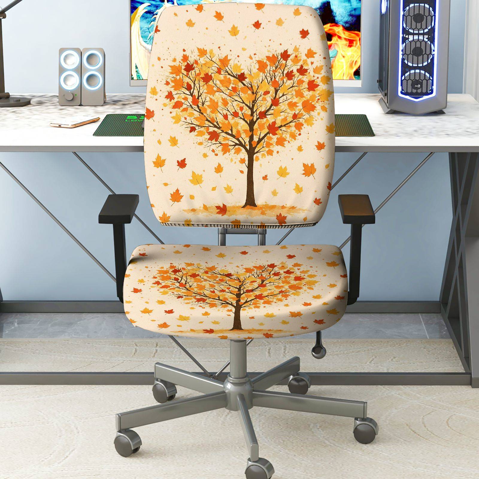 2-Piece Autumn Tree Leaves Pattern Seasonal Thanksgiving  Computer Chair Cover Set, Seat and Backrest