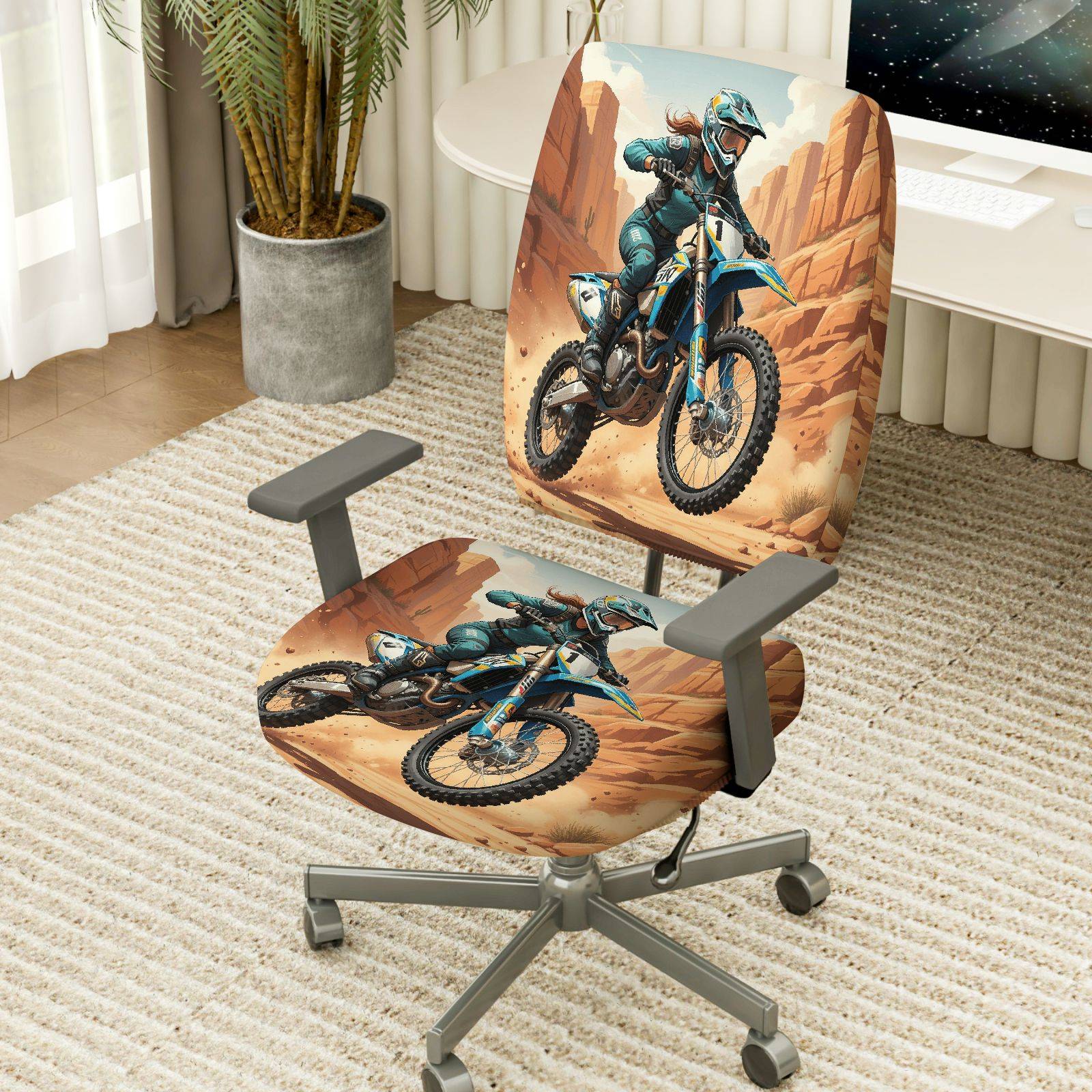 2-Piece Adventure Sport Racing Desert Motocross Dirtbike  Computer Chair Cover Set, Seat and Backrest