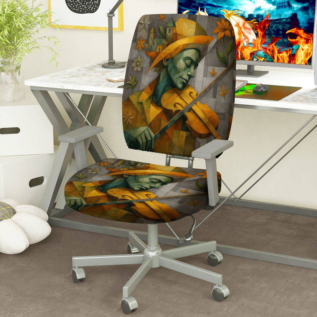 2-Piece Artistic Violinist Floral Geometric Abstract  Computer Chair Cover Set, Seat and Backrest