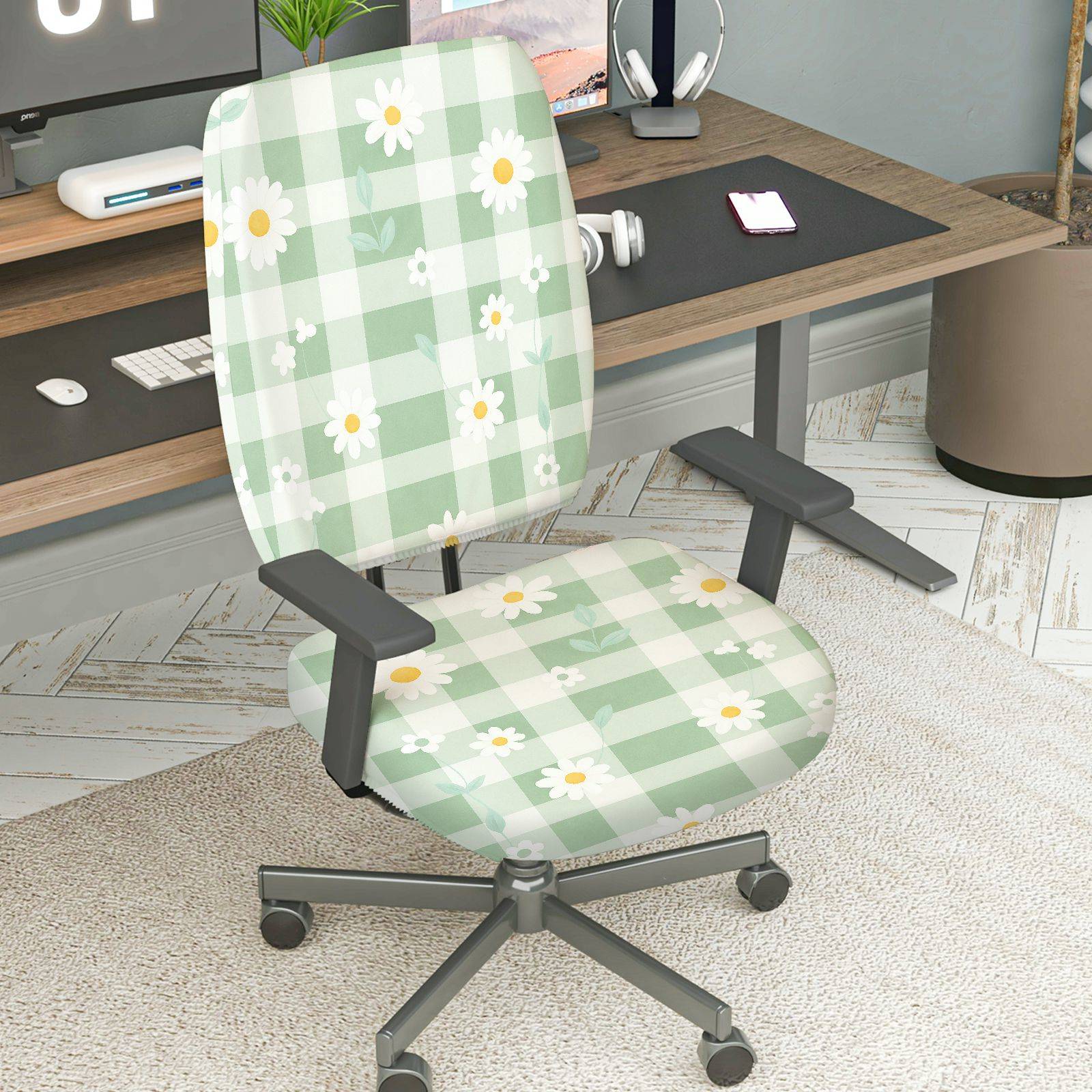 2-Piece Green Checkered Daisy Floral Pattern Spring  Computer Chair Cover Set, Seat and Backrest
