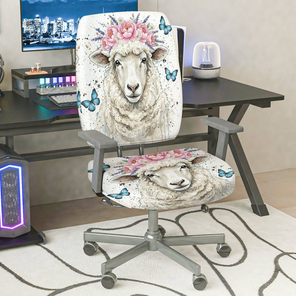 2-Piece Floral Animal Pastel Sheep Butterfly  Computer Chair Cover Set, Seat and Backrest