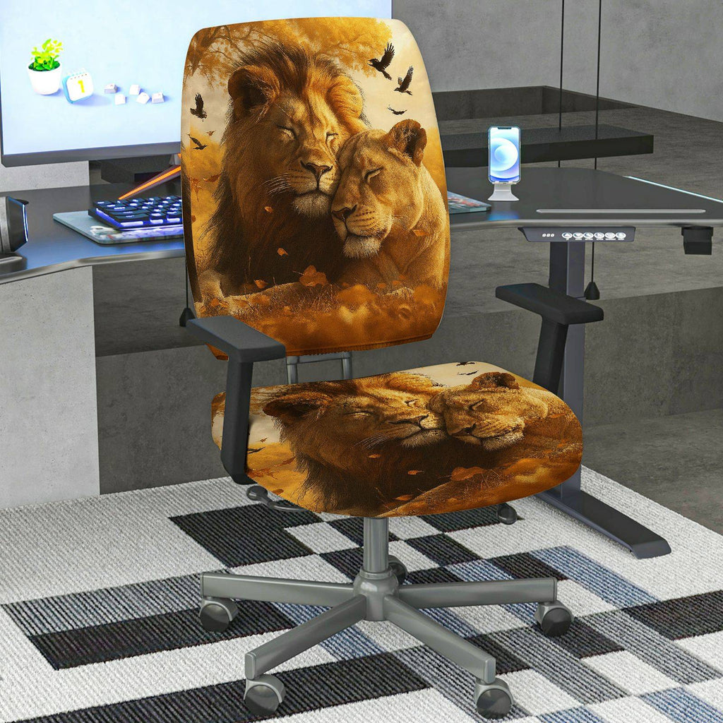 2-Piece Animal Lion Nature Wildlife Love  Computer Chair Cover Set, Seat and Backrest