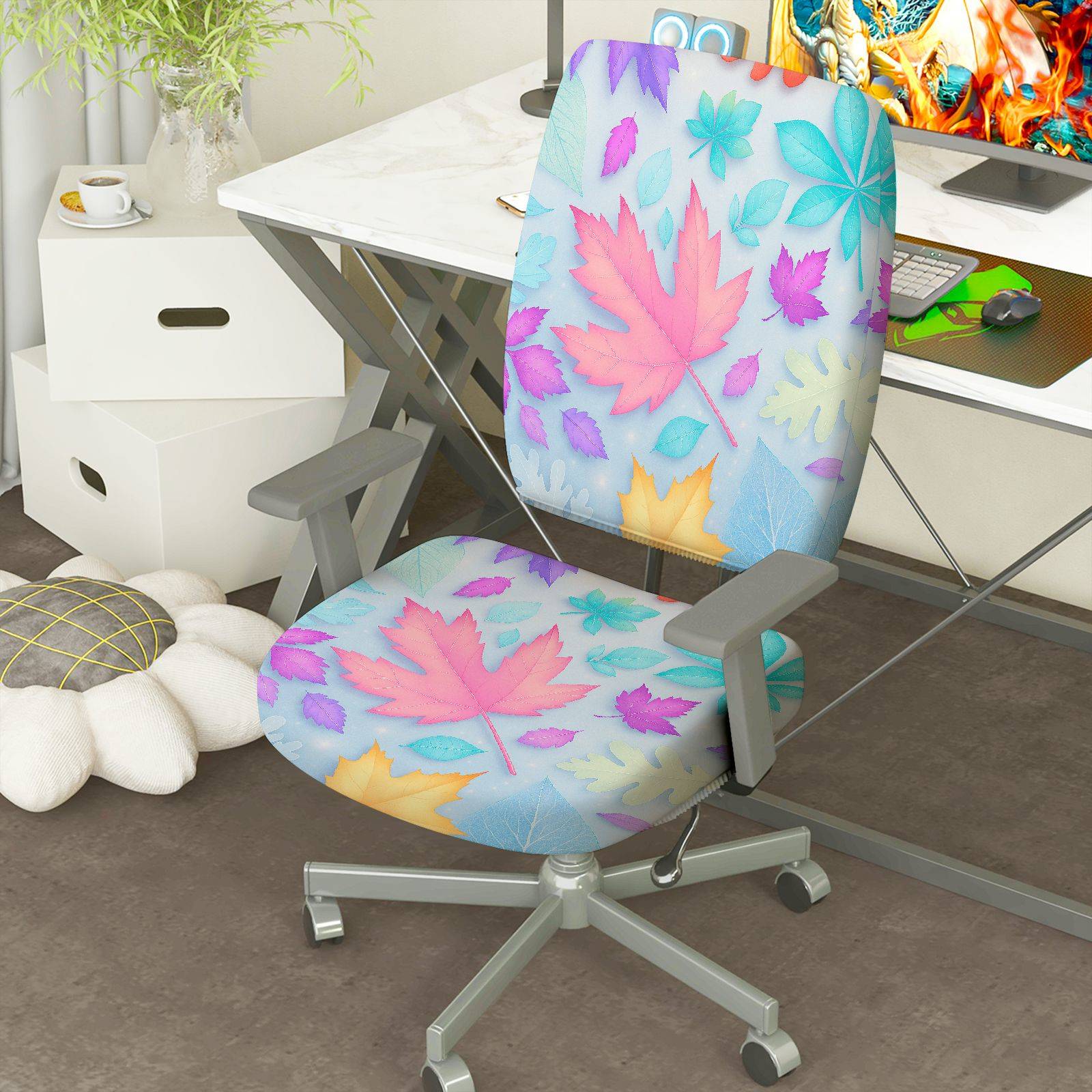 2-Piece Autumn Leaves Floral Pattern Colorful Design  Computer Chair Cover Set, Seat and Backrest