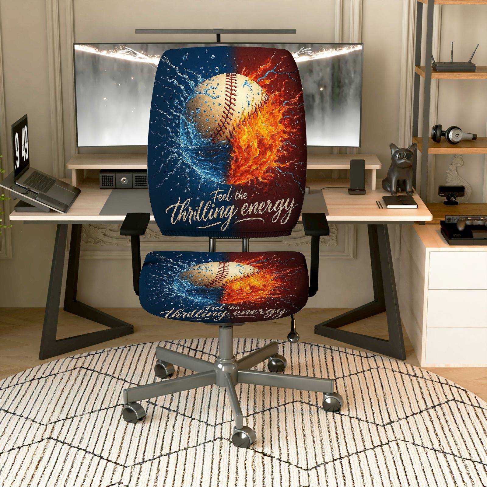 2-Piece Baseball Fire Water Energy Dynamic  Computer Chair Cover Set, Seat and Backrest