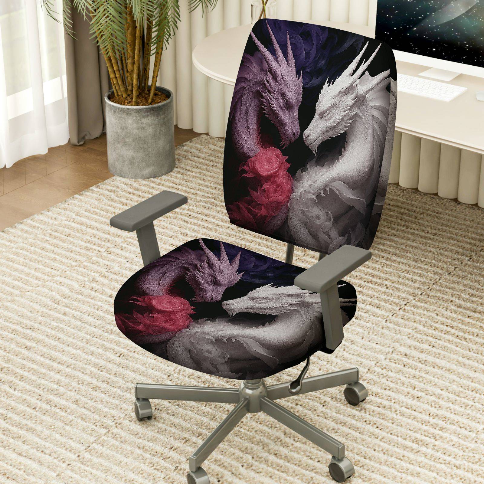 2-Piece Black White Red Dragon Floral Fantasy Art  Computer Chair Cover Set, Seat and Backrest