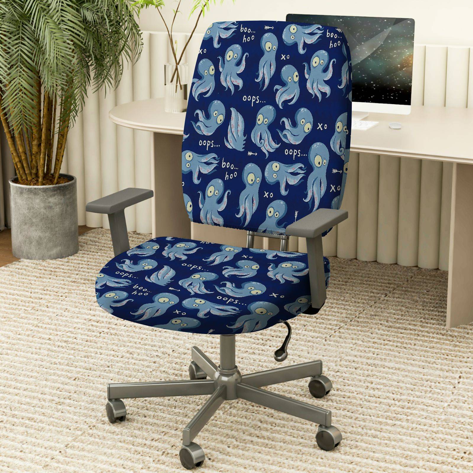 2-Piece Cute Funny Octopus Blue Animal  Computer Chair Cover Set, Seat and Backrest