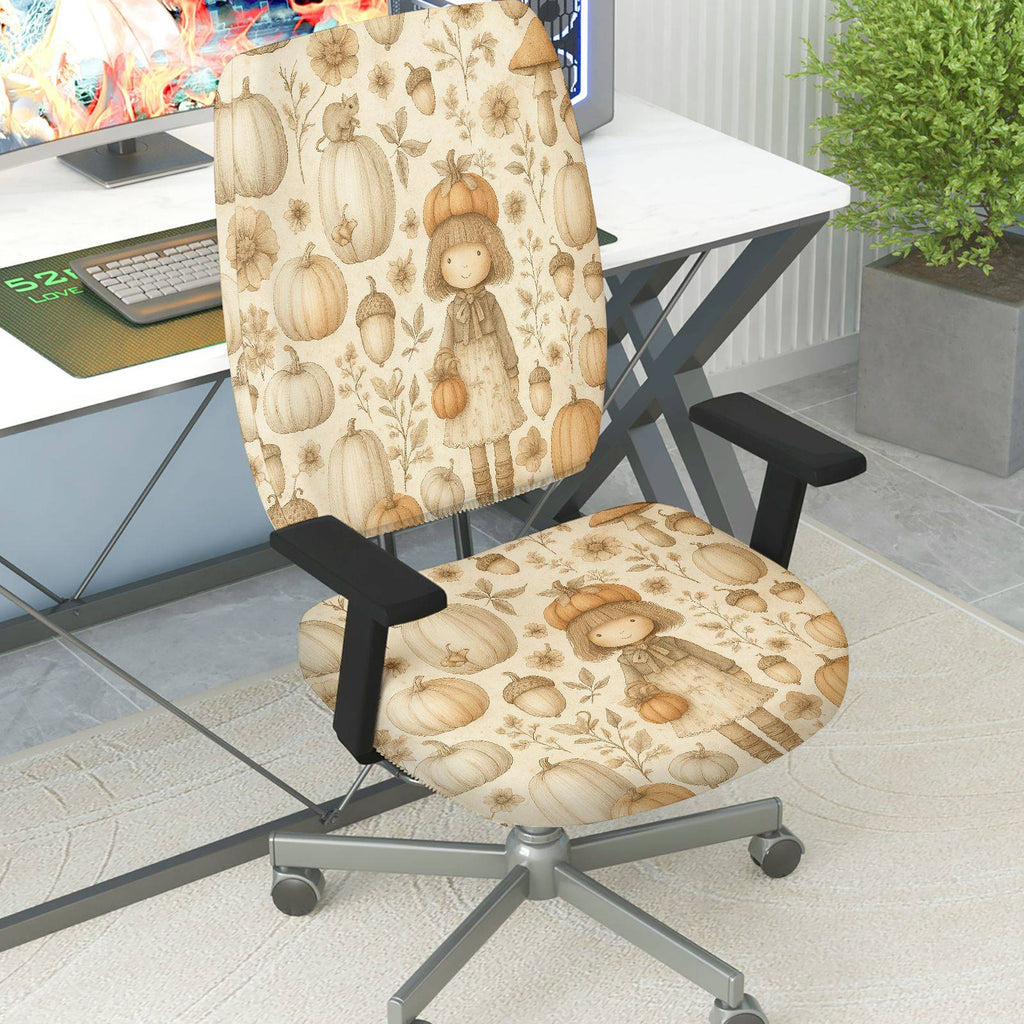 2-Piece Autumn Pumpkin Girl Floral Harvest  Computer Chair Cover Set, Seat and Backrest