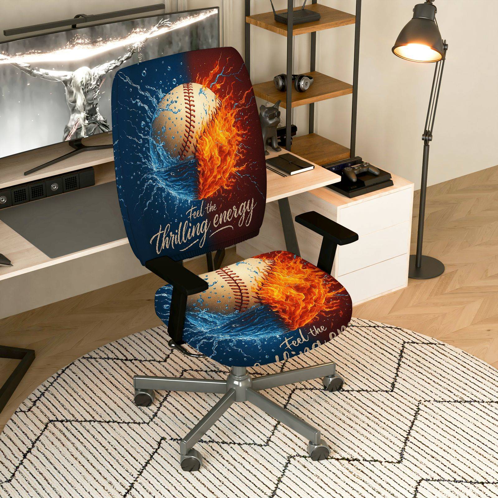 2-Piece Baseball Fire Water Energy Dynamic  Computer Chair Cover Set, Seat and Backrest