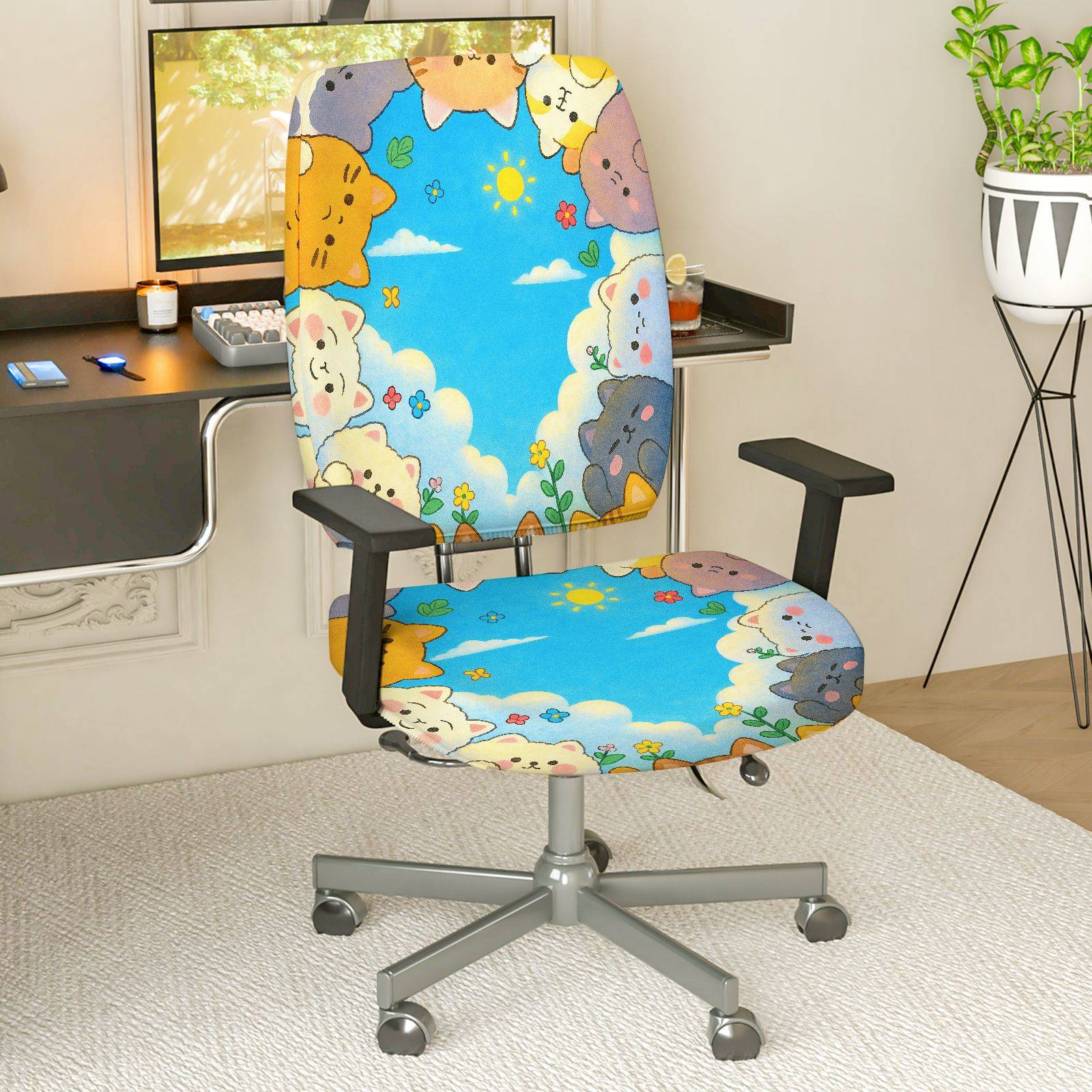 2-Piece Animal Cloud Sky Floral Colorful  Computer Chair Cover Set, Seat and Backrest
