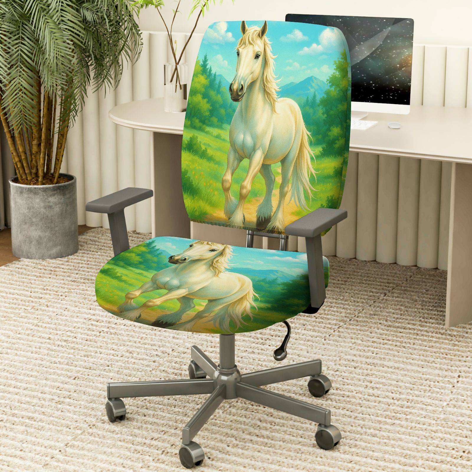 2-Piece Horse Nature Landscape Scenery Animal Art  Computer Chair Cover Set, Seat and Backrest