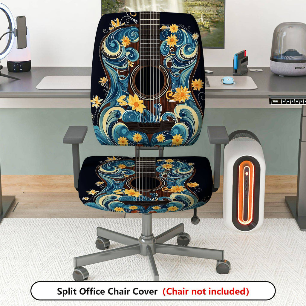 2-Piece Artistic Floral Guitar Blue  Computer Chair Cover Set, Seat and Backrest