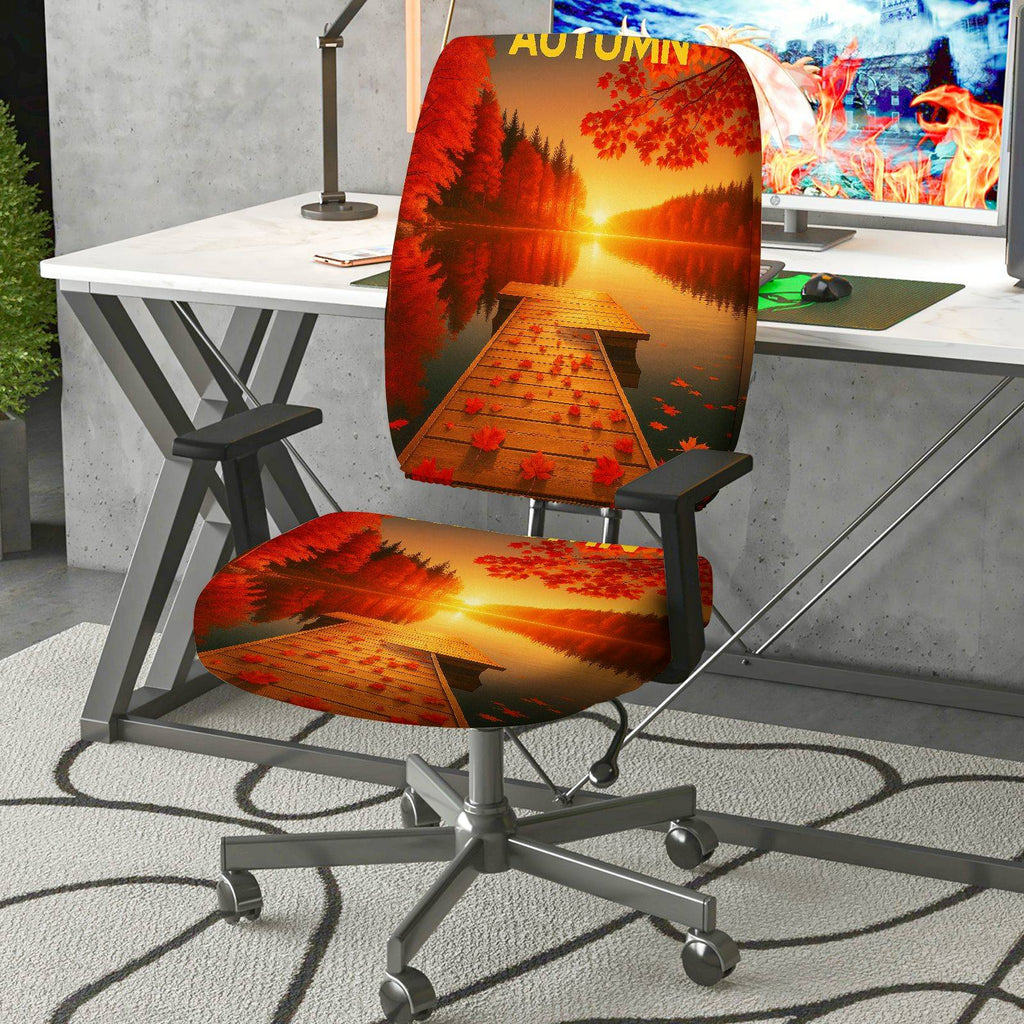 2-Piece Autumn Sunset Lake Nature Scenery  Computer Chair Cover Set, Seat and Backrest