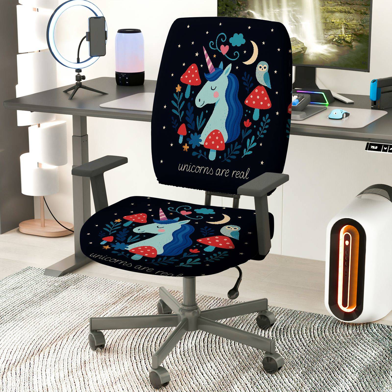 2-Piece Unicorn Fantasy Cute Decorative Colorful  Computer Chair Cover Set, Seat and Backrest