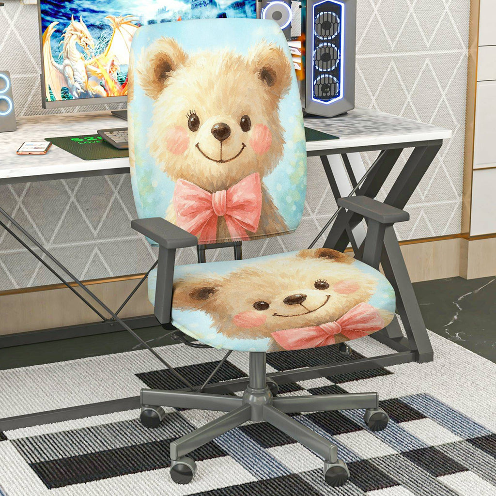 2-Piece Animal Cute Bow Smiling Bear Decorative  Computer Chair Cover Set, Seat and Backrest