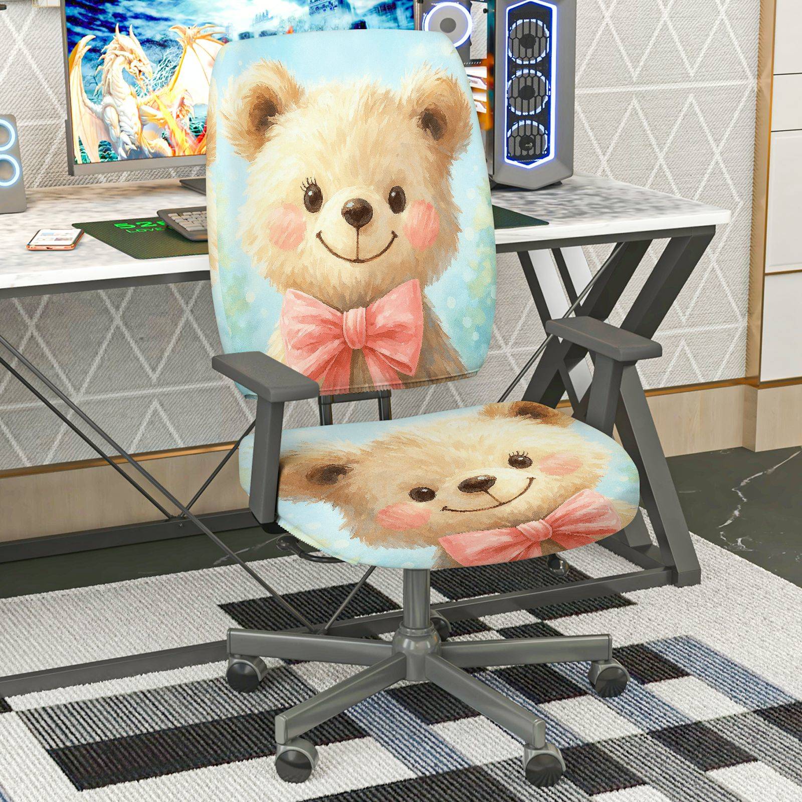 2-Piece Animal Cute Bow Smiling Bear Decorative  Computer Chair Cover Set, Seat and Backrest