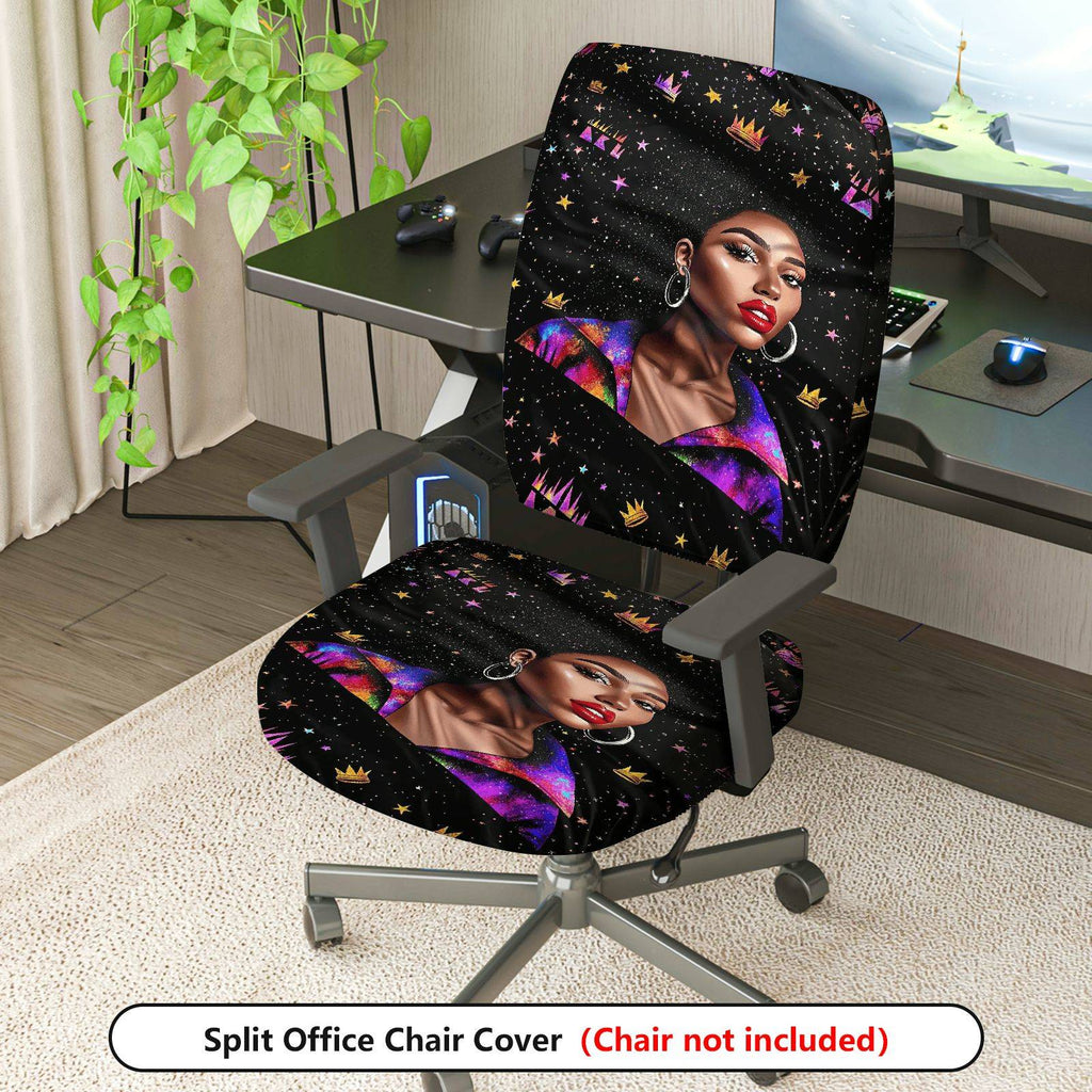 2-Piece African American Woman Galaxy Crown Star  Computer Chair Cover Set, Seat and Backrest