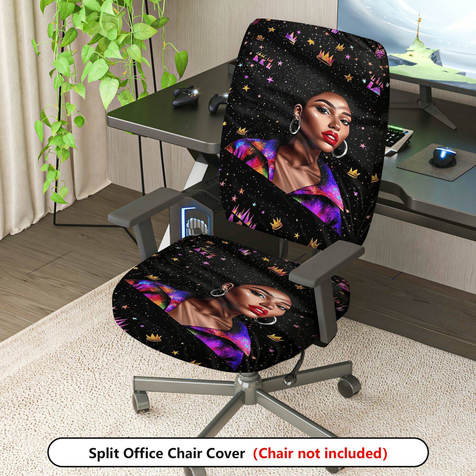 2-Piece African American Woman Galaxy Crown Star  Computer Chair Cover Set, Seat and Backrest