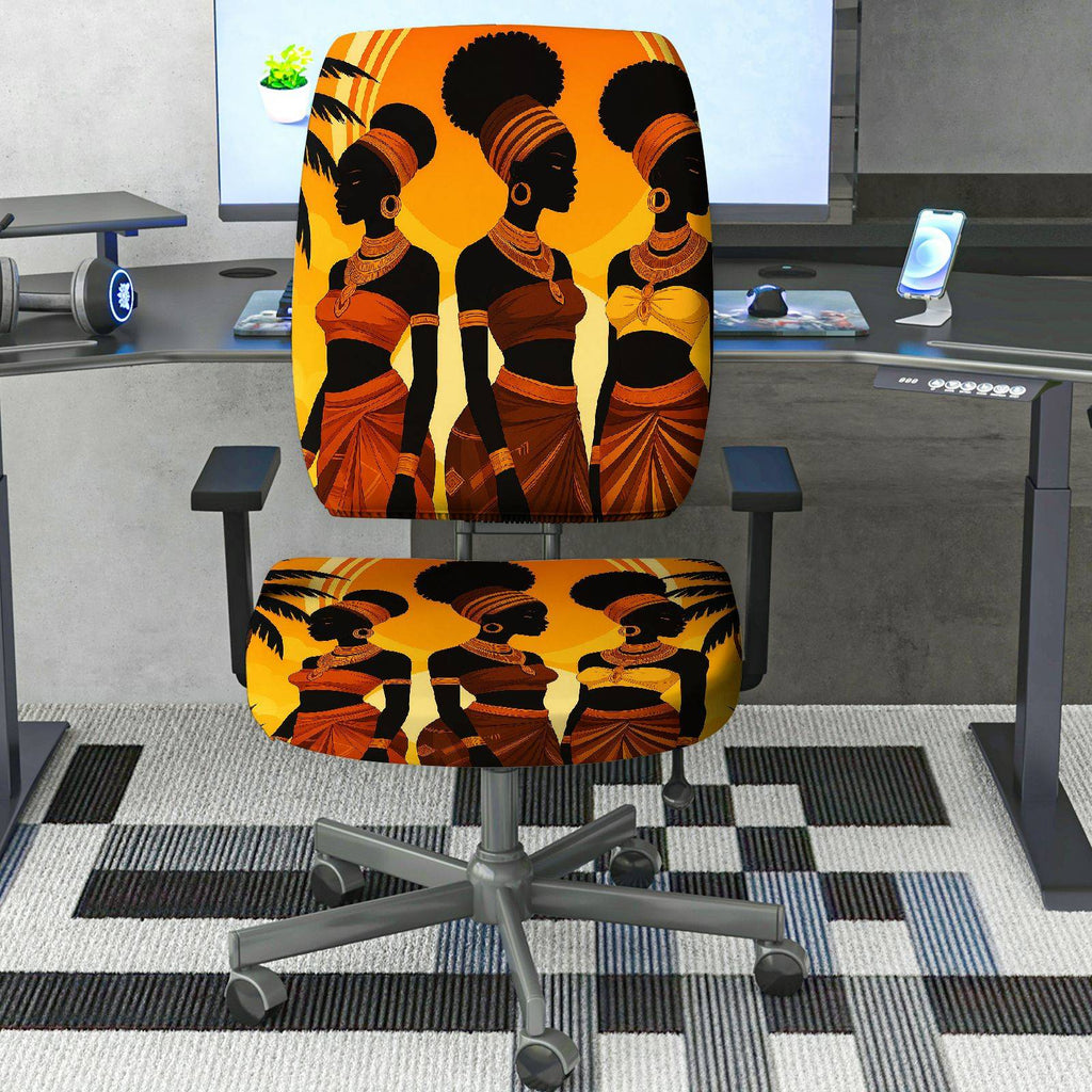 2-Piece African Tribal Art Black Women Orange Pattern  Computer Chair Cover Set, Seat and Backrest
