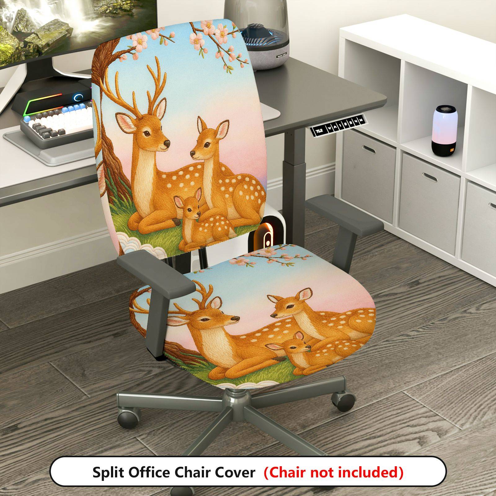 2-Piece Animal Deer Floral Pastoral Spring Festival  Computer Chair Cover Set, Seat and Backrest