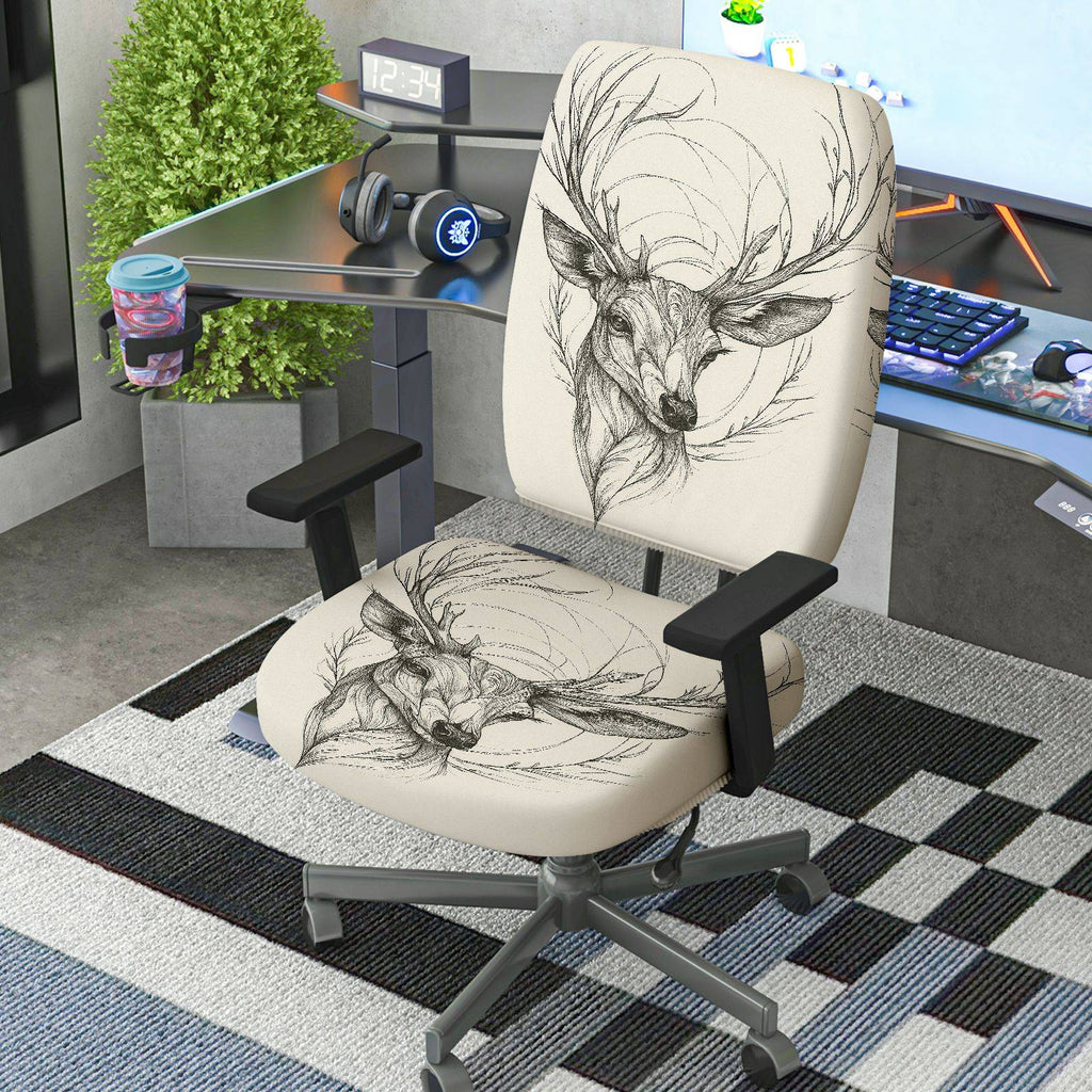 2-Piece Animal Deer Sketch Art Unique Printed  Computer Chair Cover Set, Seat and Backrest