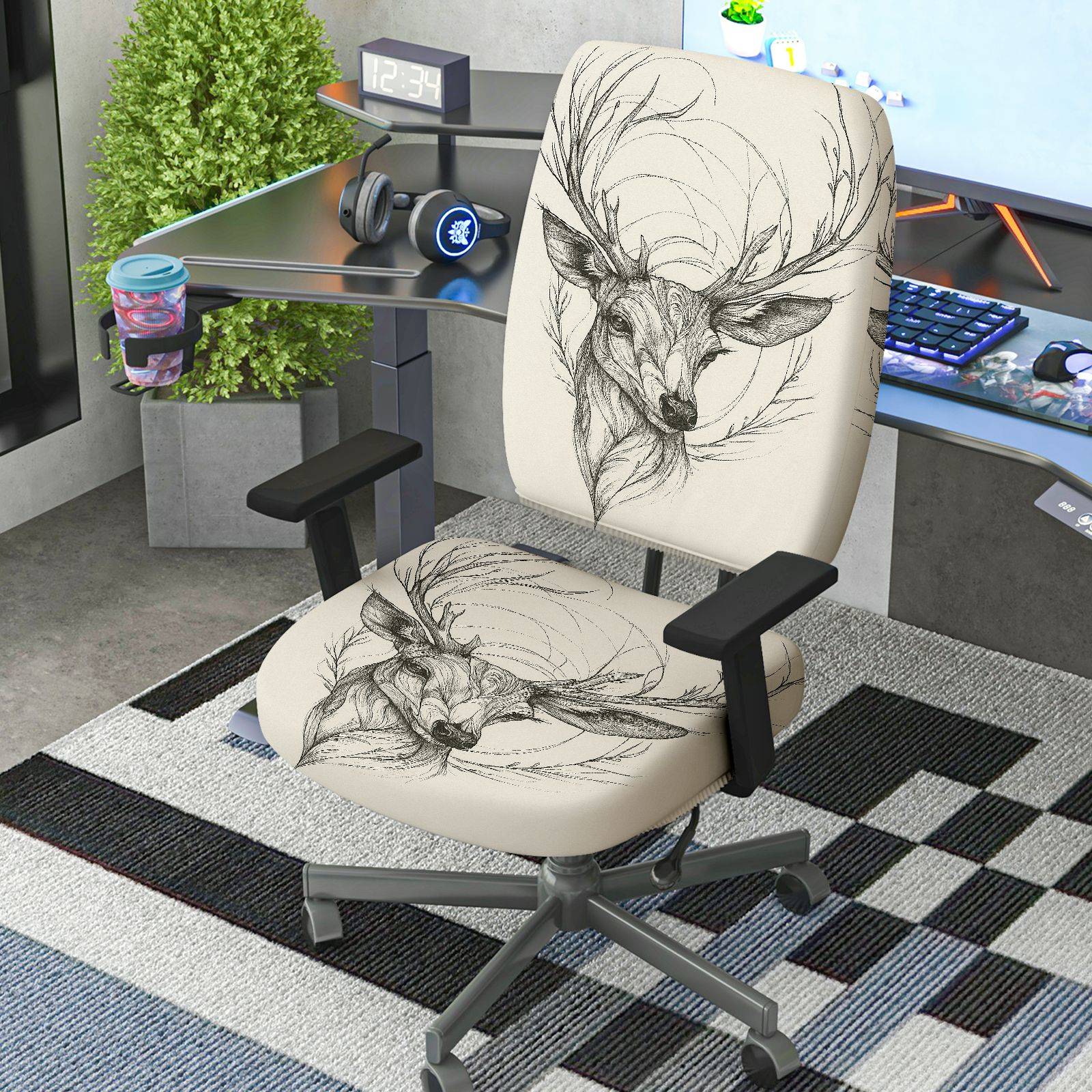 2-Piece Animal Deer Sketch Art Unique Printed  Computer Chair Cover Set, Seat and Backrest