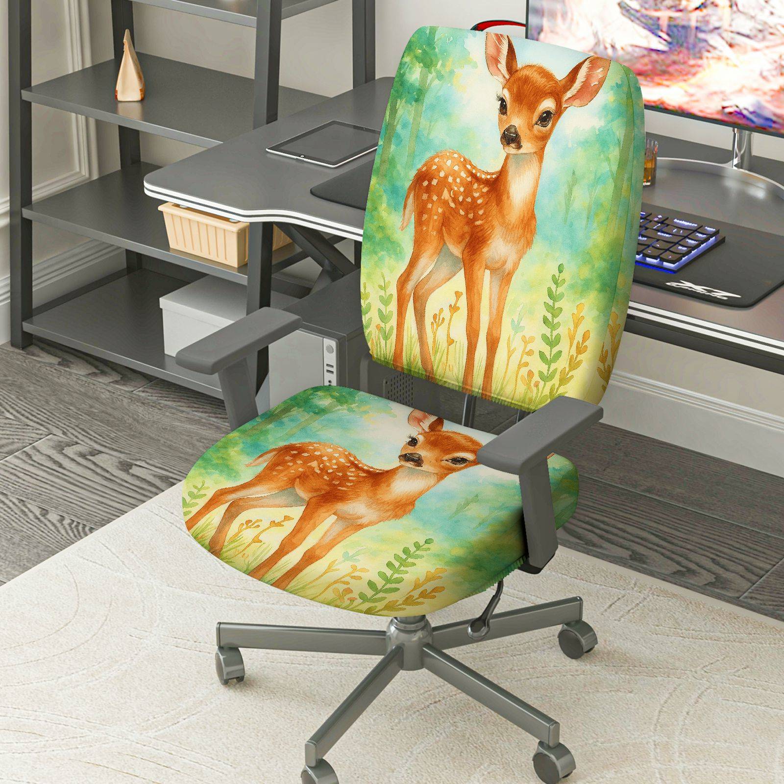 2-Piece Animal Forest Deer Nature Painting  Computer Chair Cover Set, Seat and Backrest