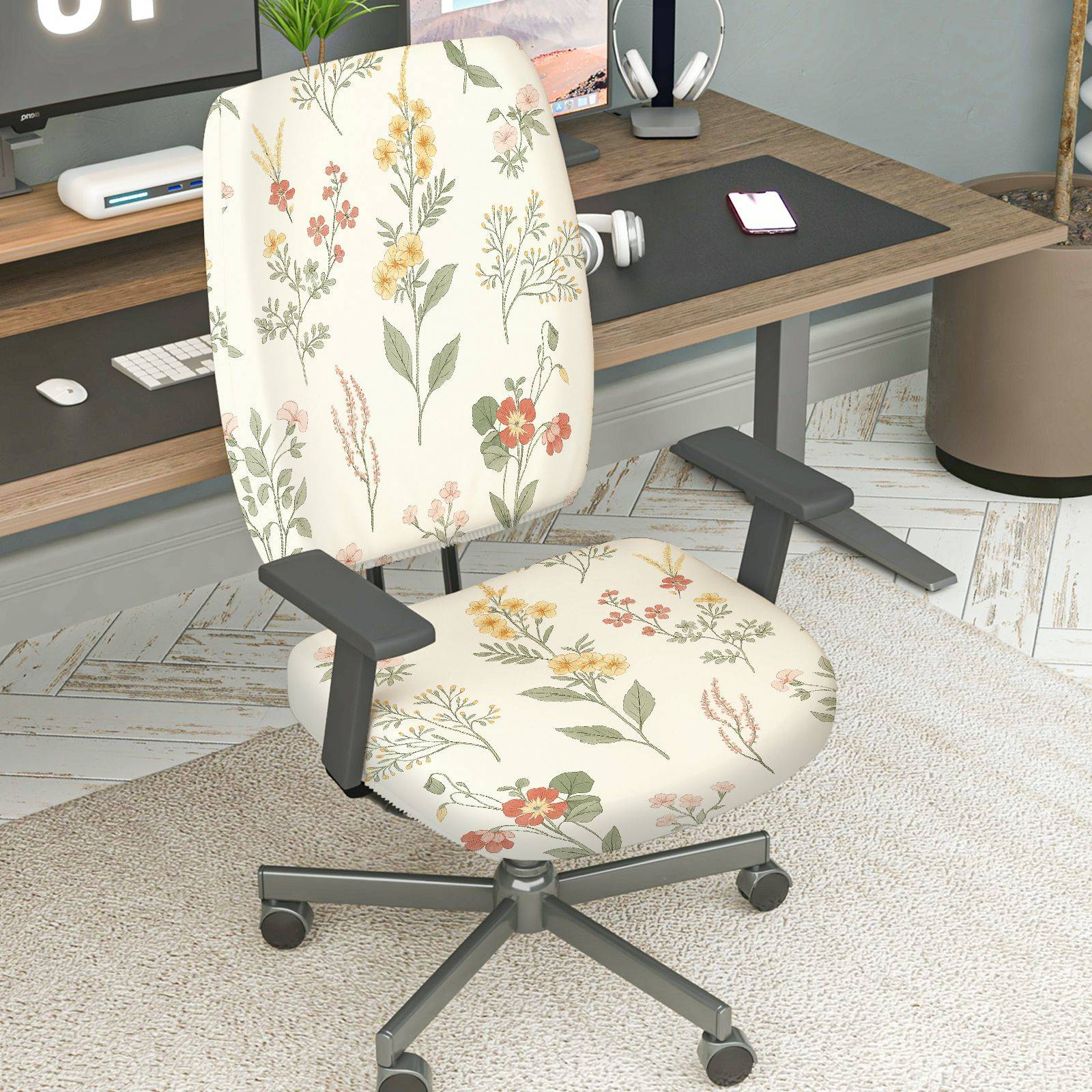 2-Piece Floral Pattern Nature Inspired Decorative Colorful  Computer Chair Cover Set, Seat and Backrest