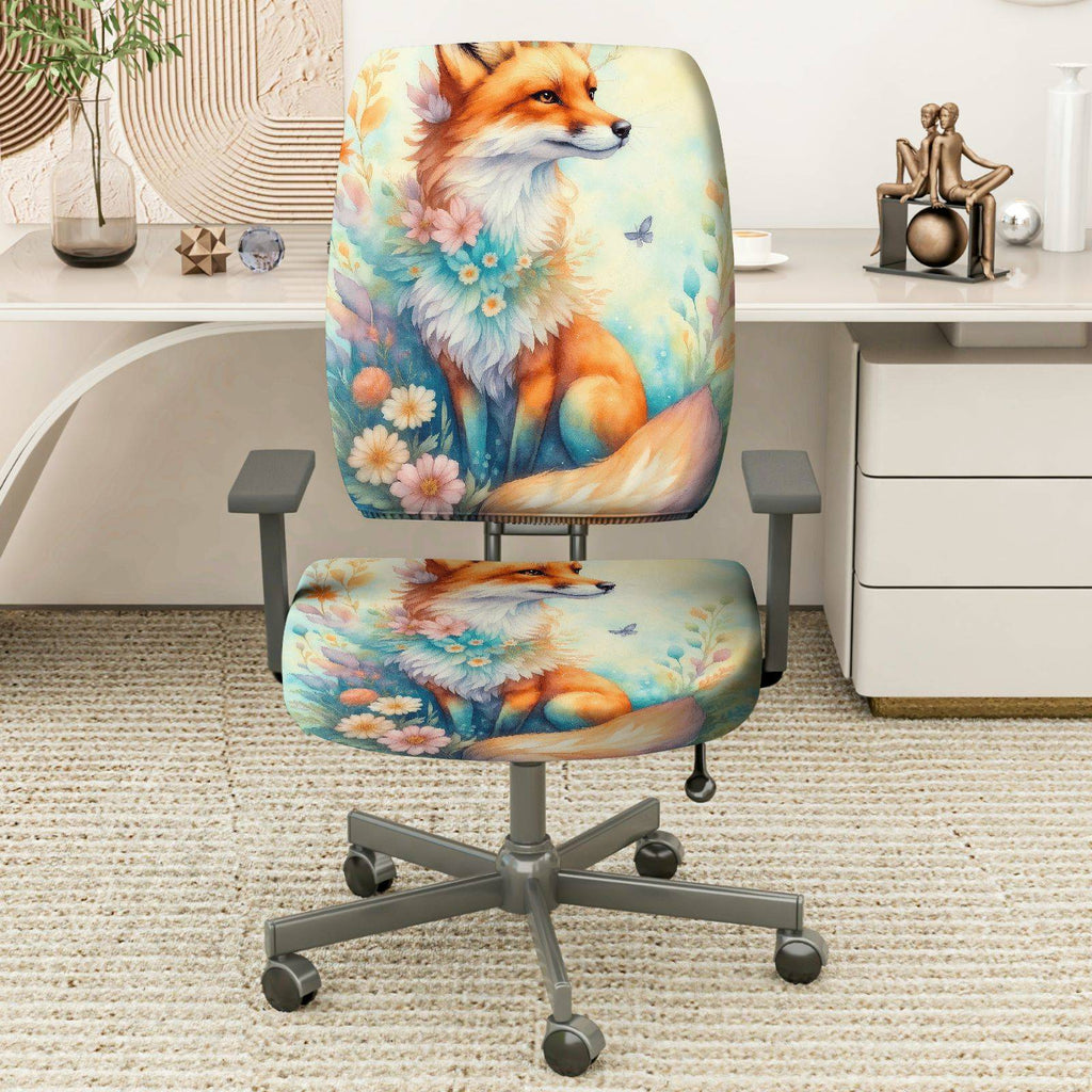 2-Piece Fox Floral Nature Artistic Decorative Animal  Computer Chair Cover Set, Seat and Backrest