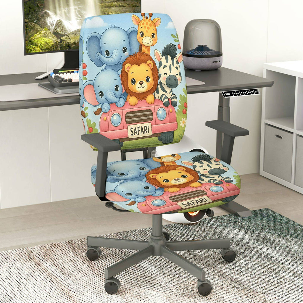 2-Piece Safari Animal Cute Colorful  Computer Chair Cover Set, Seat and Backrest