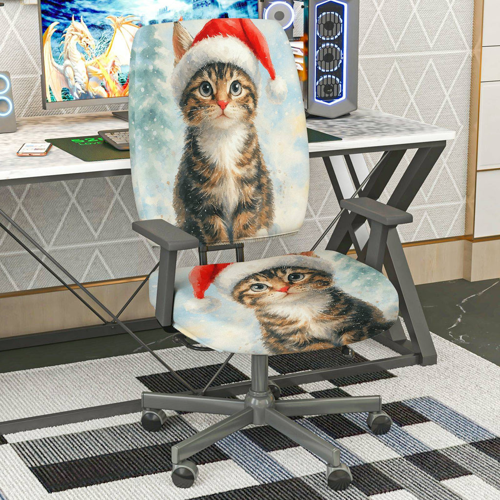 2-Piece Christmas Santa Claus Cat Snow Winter  Computer Chair Cover Set, Seat and Backrest