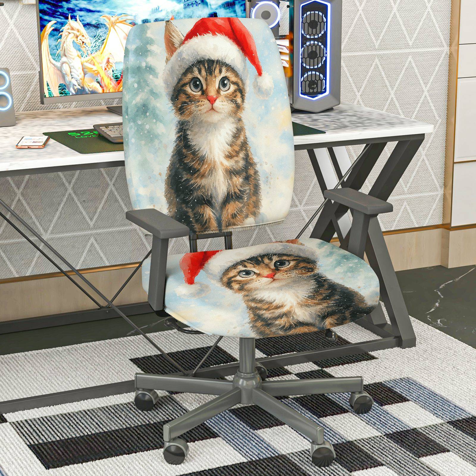 2-Piece Christmas Santa Claus Cat Snow Winter  Computer Chair Cover Set, Seat and Backrest
