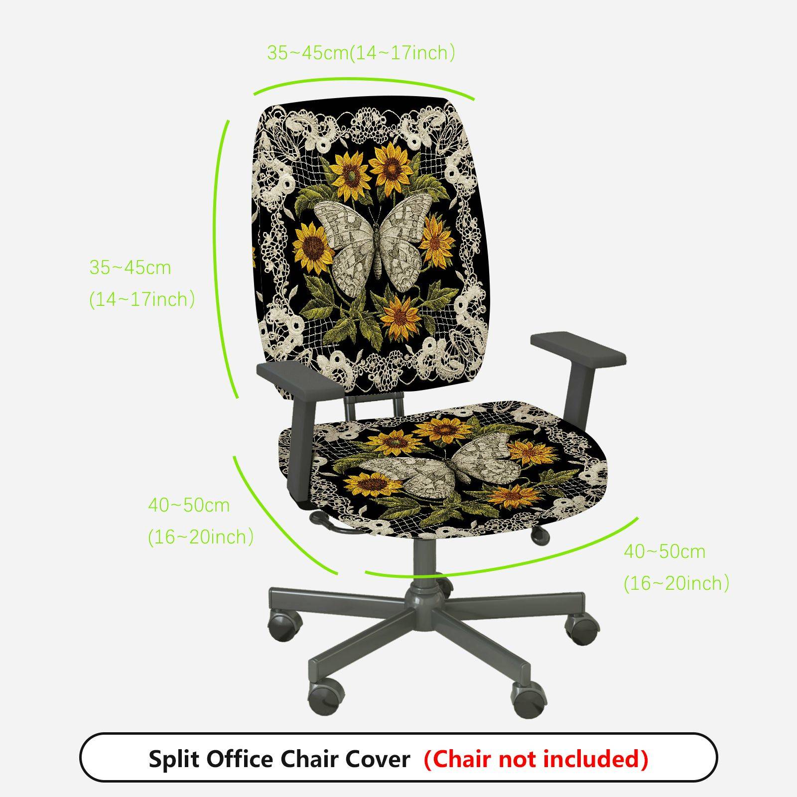 2-Piece Butterfly Floral Lace Sunflower Black  Computer Chair Cover Set, Seat and Backrest