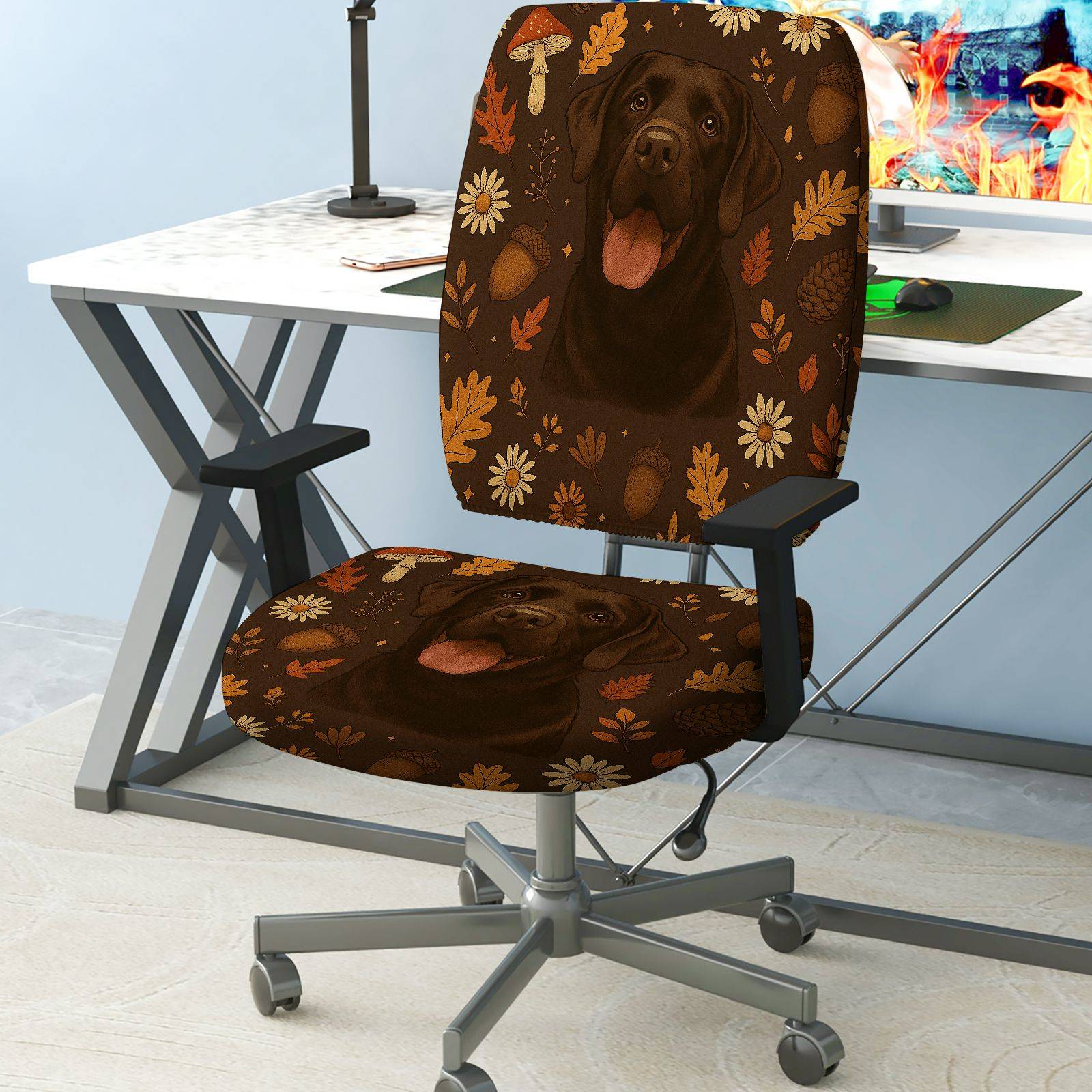 2-Piece Autumn Dog Flower Mushroom Acorn Leaf  Computer Chair Cover Set, Seat and Backrest