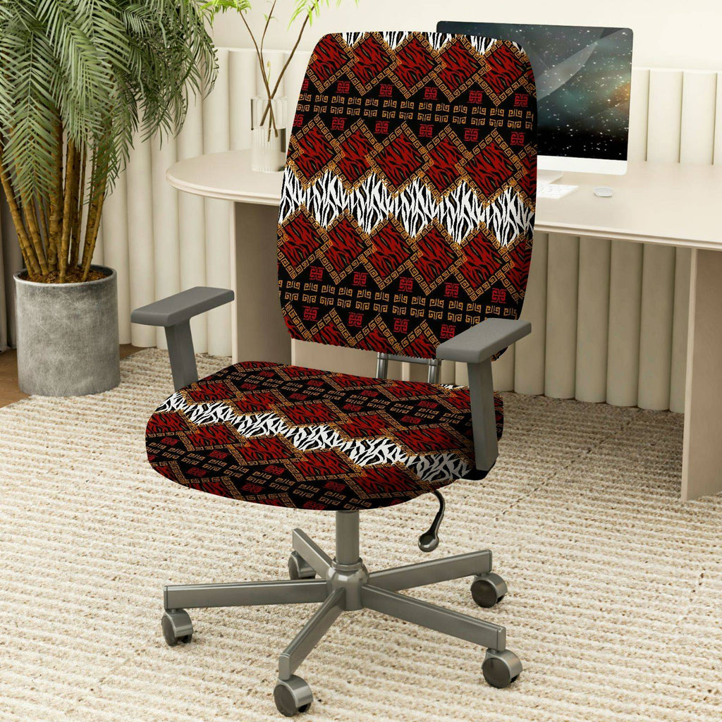 2-Piece Geometric Pattern Red Black Zebra African Style Ethnic  Computer Chair Cover Set, Seat and Backrest