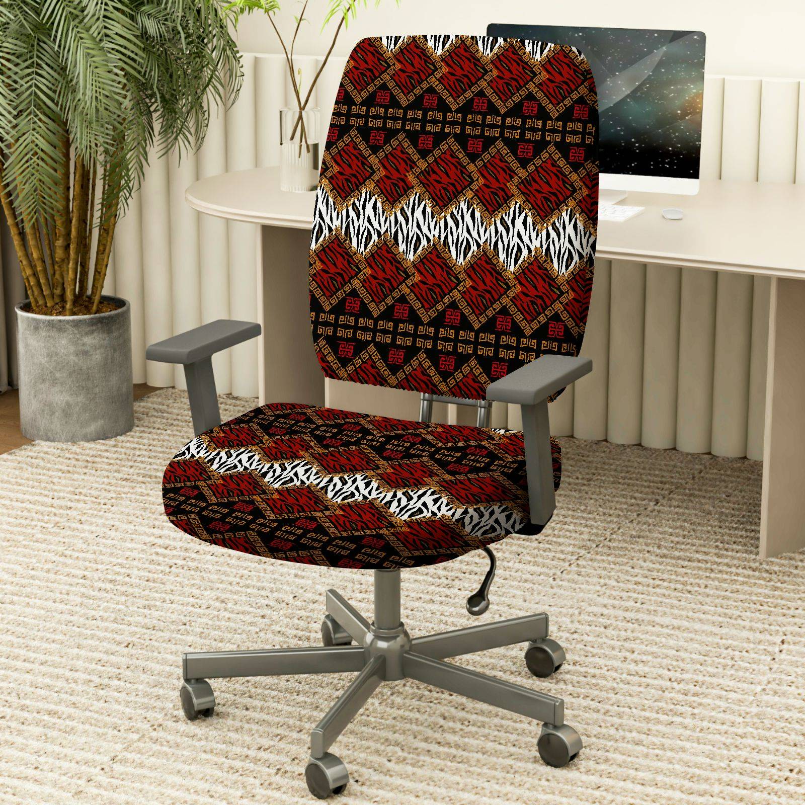 2-Piece Geometric Pattern Red Black Zebra African Style Ethnic  Computer Chair Cover Set, Seat and Backrest