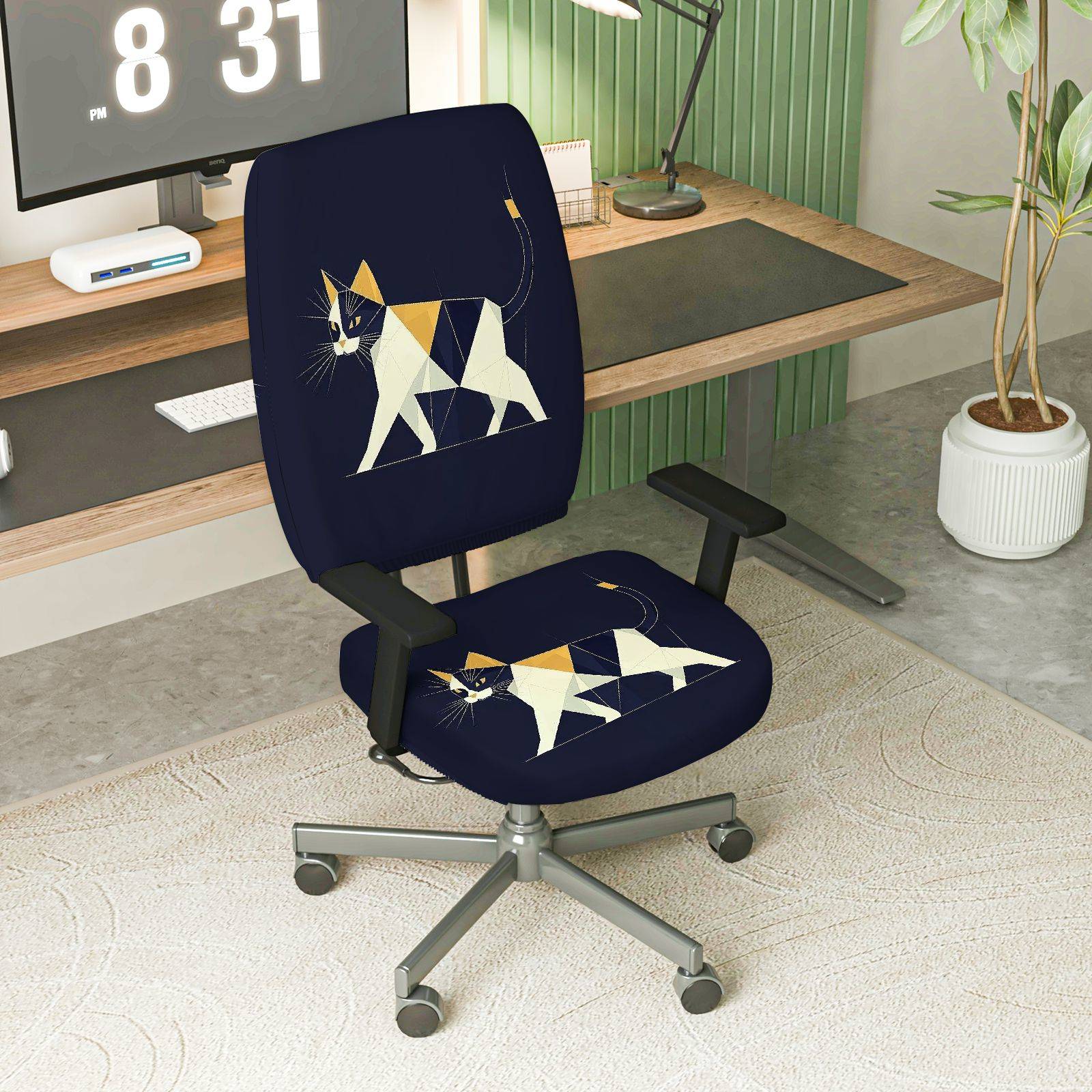 2-Piece Geometric Cat Design Stylish Modern Artistic Animal Themed  Computer Chair Cover Set, Seat and Backrest