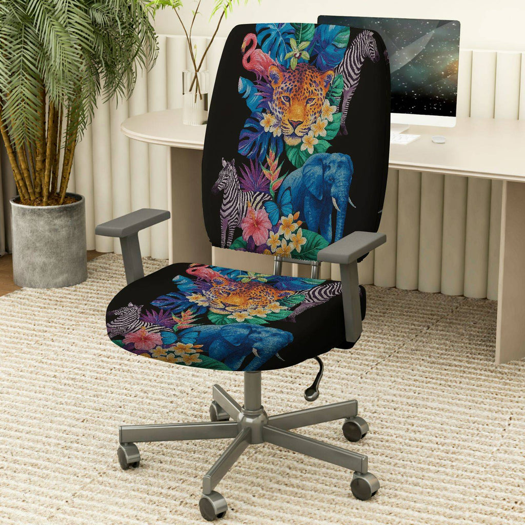 2-Piece Jungle Animal Floral Wildlife Safari Tropical  Computer Chair Cover Set, Seat and Backrest
