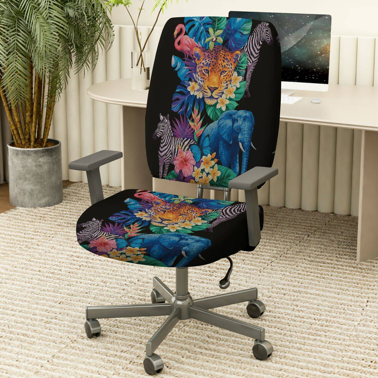 2-Piece Jungle Animal Floral Wildlife Safari Tropical  Computer Chair Cover Set, Seat and Backrest