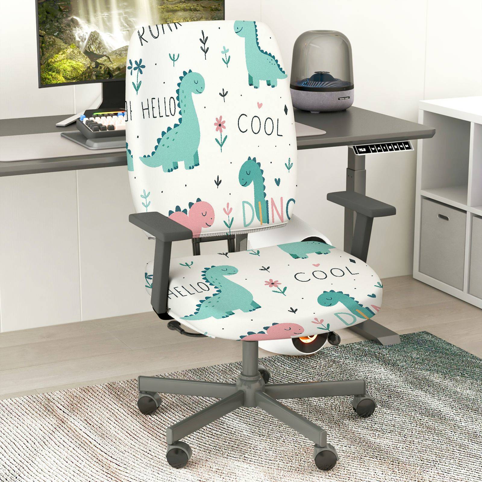 2-Piece Cute Dinosaur Pattern Colorful Fun Playful  Computer Chair Cover Set, Seat and Backrest