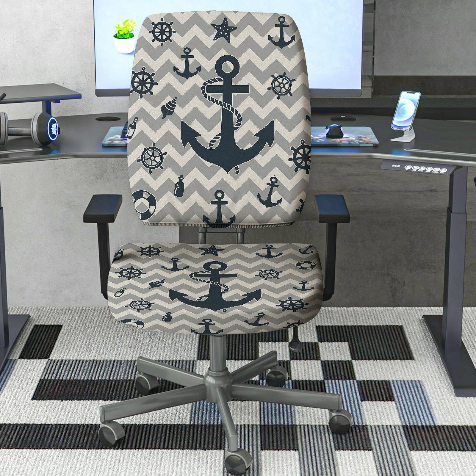 2-Piece Anchor Steering Wheel Chevron Pattern Star Marine Theme  Computer Chair Cover Set, Seat and Backrest